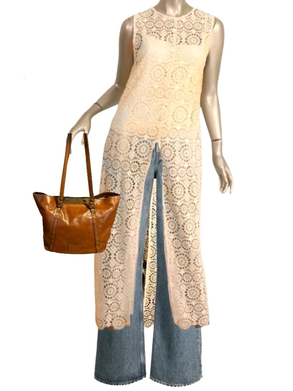 ALICE + OLIVIA OFF WHITE CROCHET LACE "GRETCHEN" MAXI TUNIC AND CAMI (M)